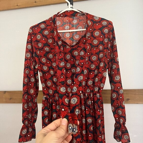 Modern Floral Geometric Pattern Tie Neck Lantern Sleeve Mini Dress Sz S No label - Picture 3 of 11